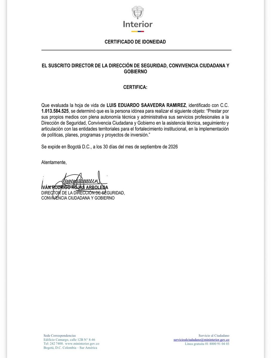 Contrato a socio de Villanueva abre preguntas sobre la salida de Rodrigo Lara 3 Certificado de idoneidad de Luis Eduardo Saavedra Ramírez para el contrato CD-2113-2026.