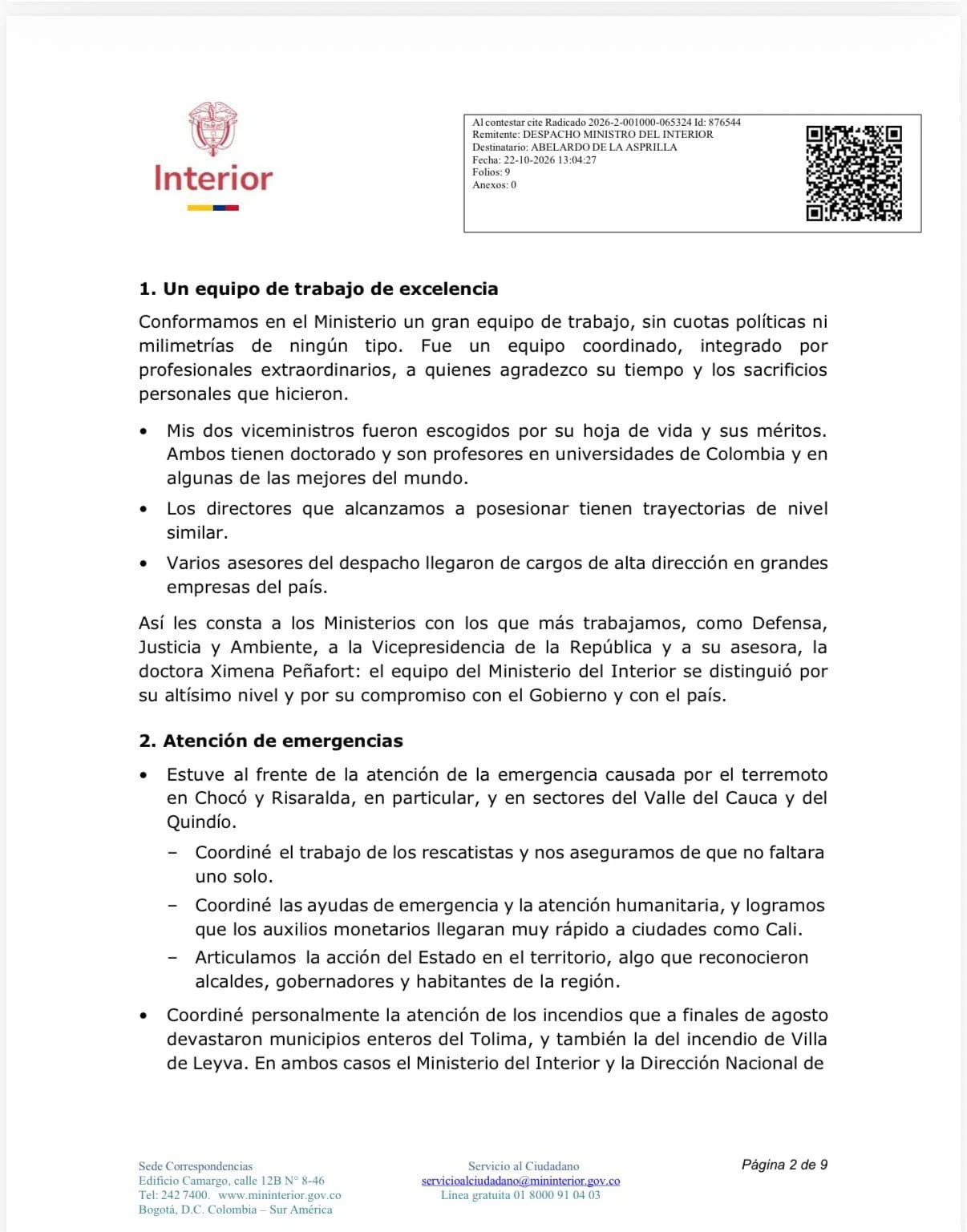 «Sé que usted ama profundamente a Colombia»: De la Espriella respondió a la renuncia de Rodrigo Lara 3 Carta de renuncia de Rodrigo Lara al Ministerio del Interior - página 2