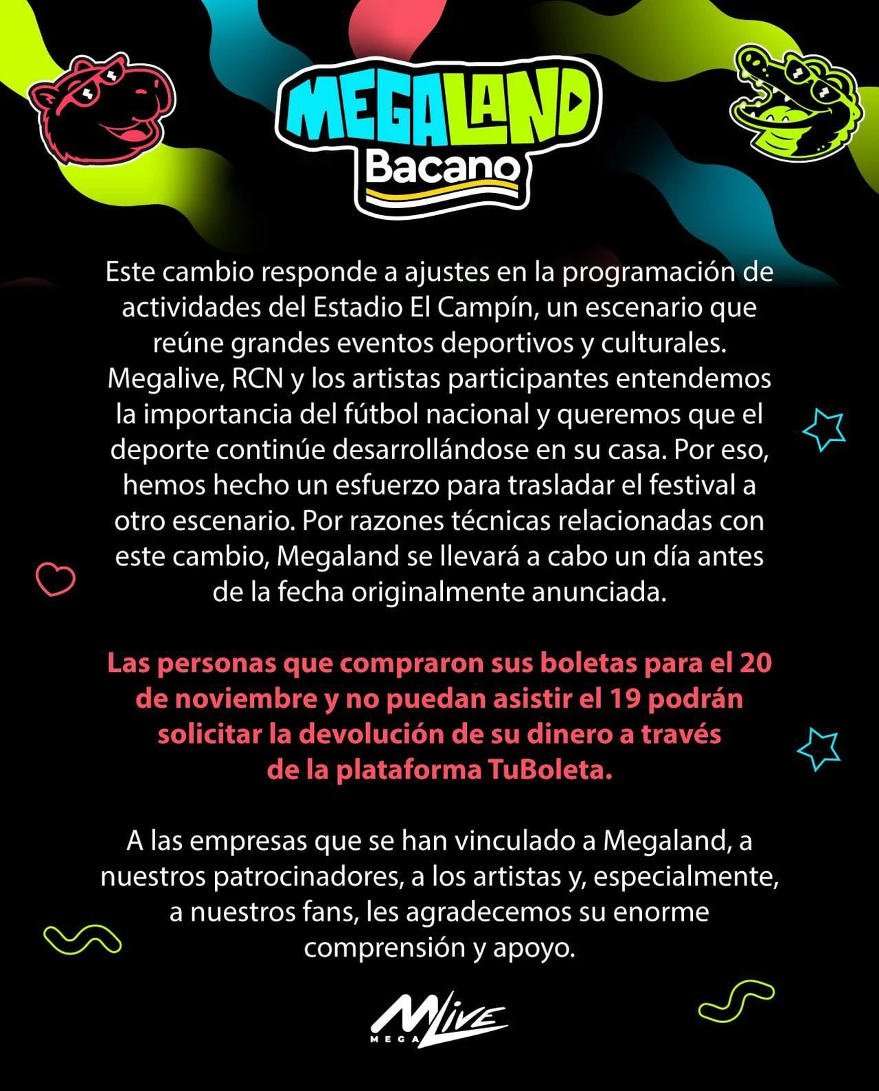 ¡Atención! Megaland Bacano 2026 cambia de fecha y de lugar: así puede pedir la devolución de su boleta 3 Comunicado oficial de Megaland Bacano 2026, página 2