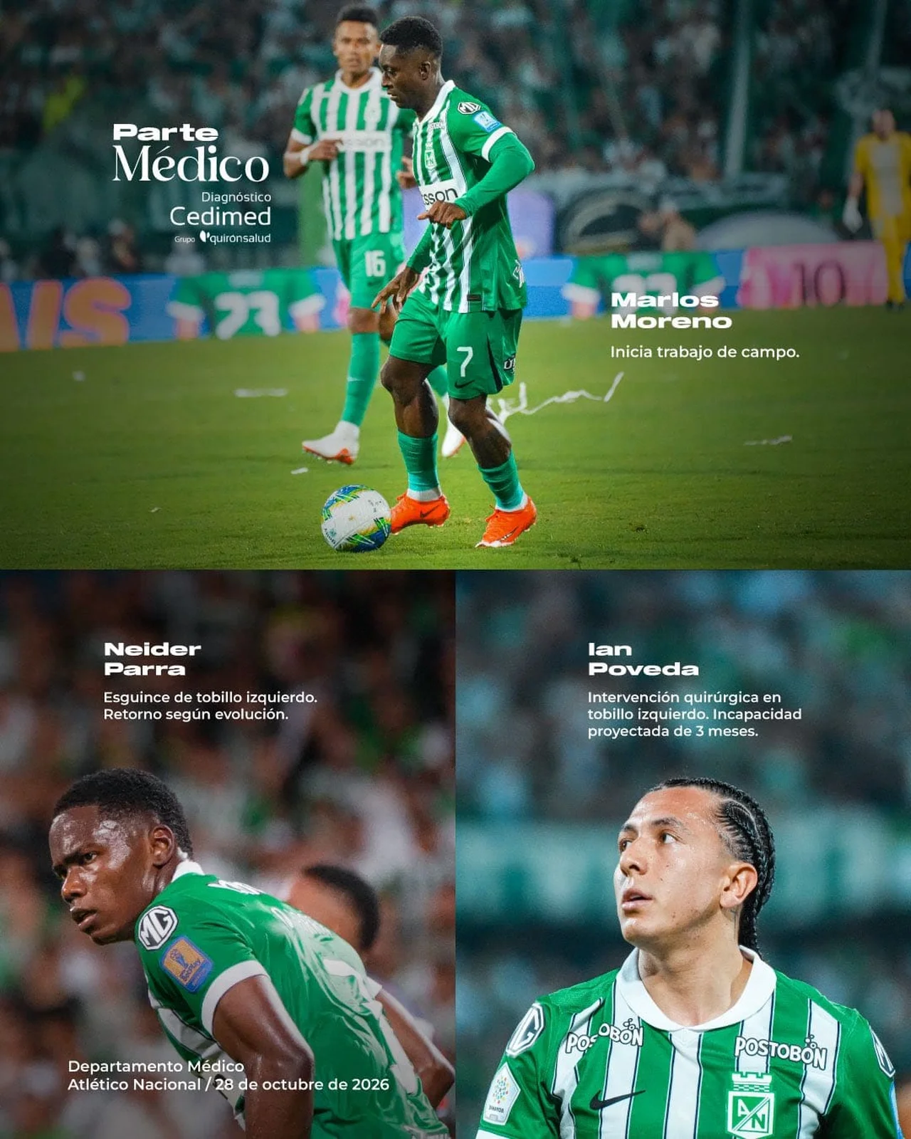 Poveda, tres meses fuera: las bajas de Nacional de cara al partido con Santa Fe 2 Parte médico de Atlético Nacional del 28 de octubre de 2026