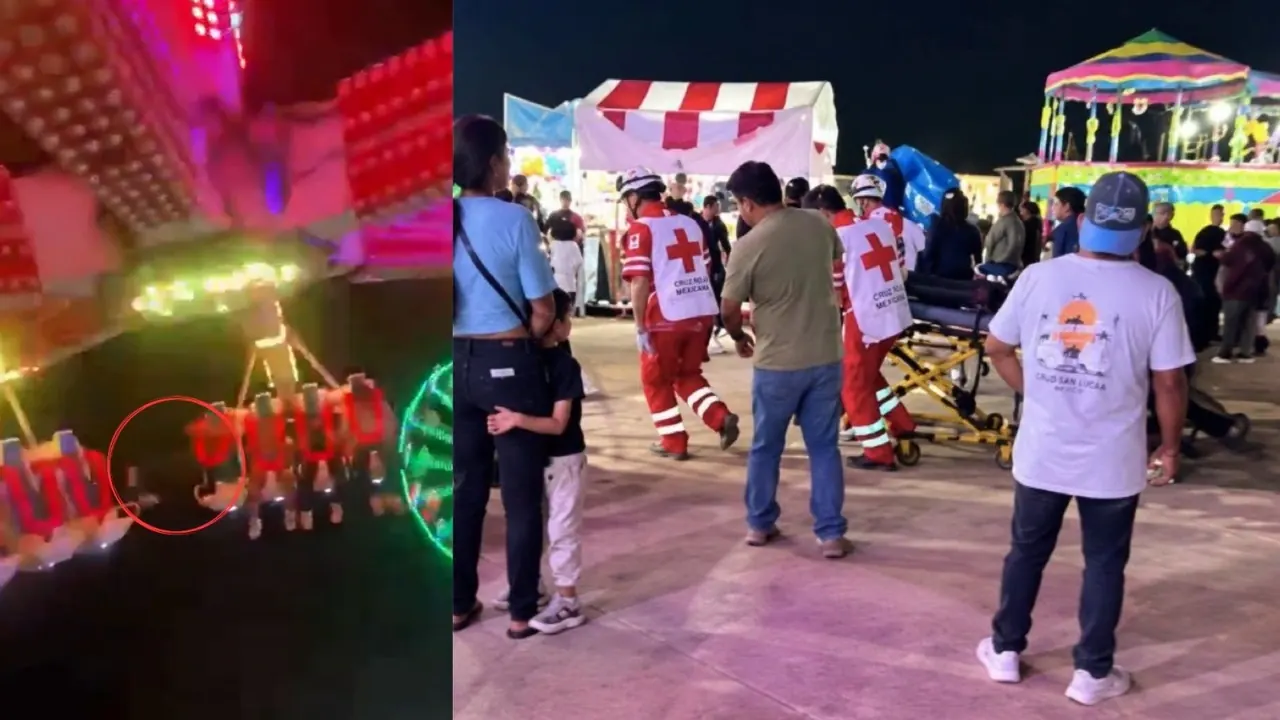 Juego mecánico El Péndulo y atención de emergencia en una feria de Cabo San Lucas, México