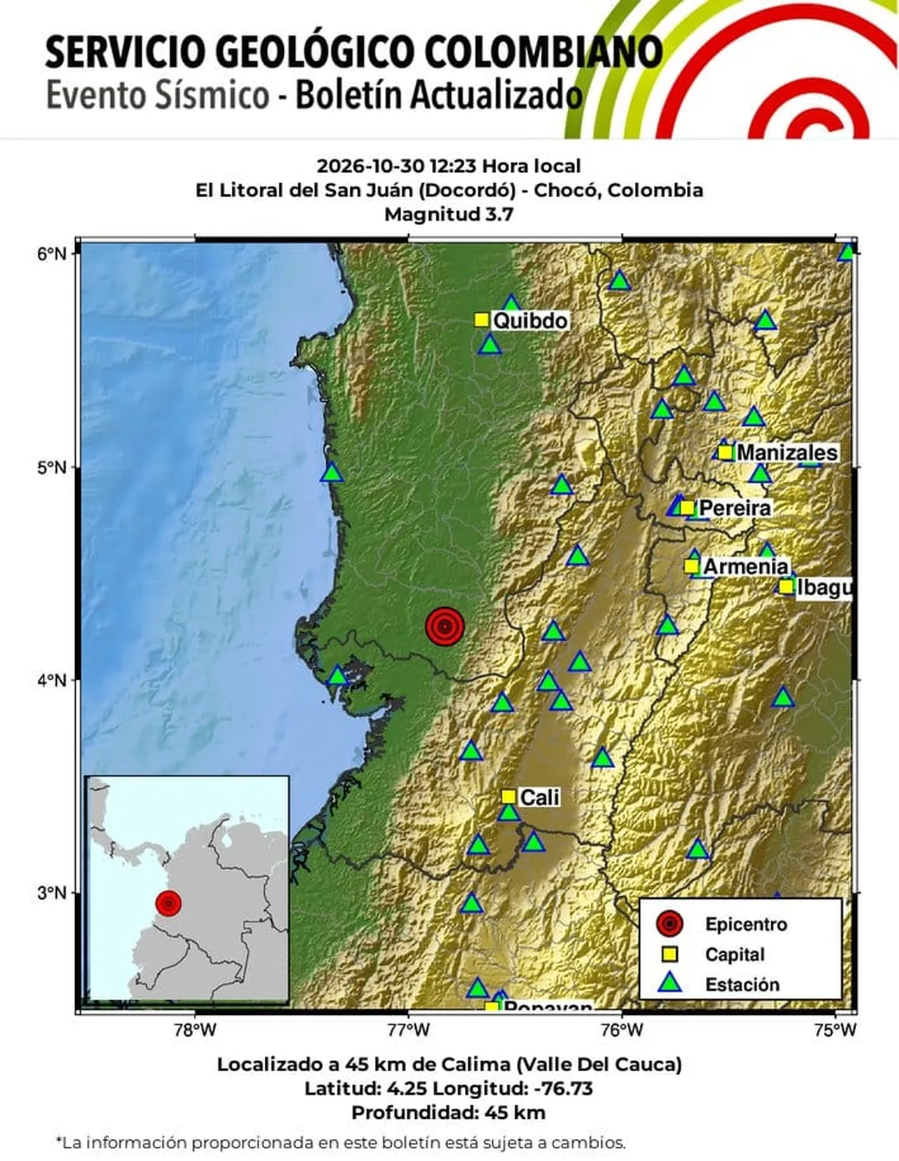 Temblor de magnitud 3.7 sacudió al Chocó este mediodía, según el SGC 2 Boletín del Servicio Geológico Colombiano sobre el sismo de magnitud 3.7 en El Litoral del San Juan, Chocó
