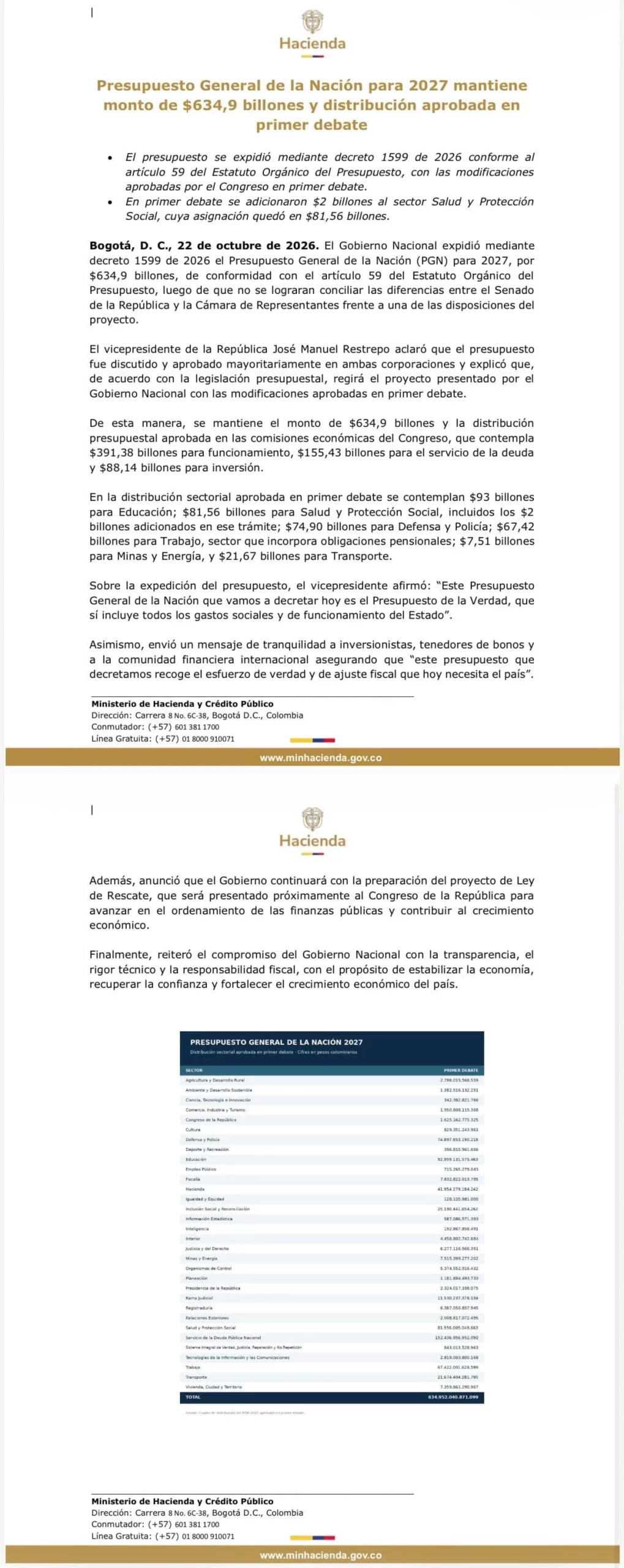Presupuesto General de la Nación 2027 quedó en $634,9 billones y fue expedido por decreto 2 Comunicado del Ministerio de Hacienda sobre la expedición del Presupuesto General de la Nación 2027