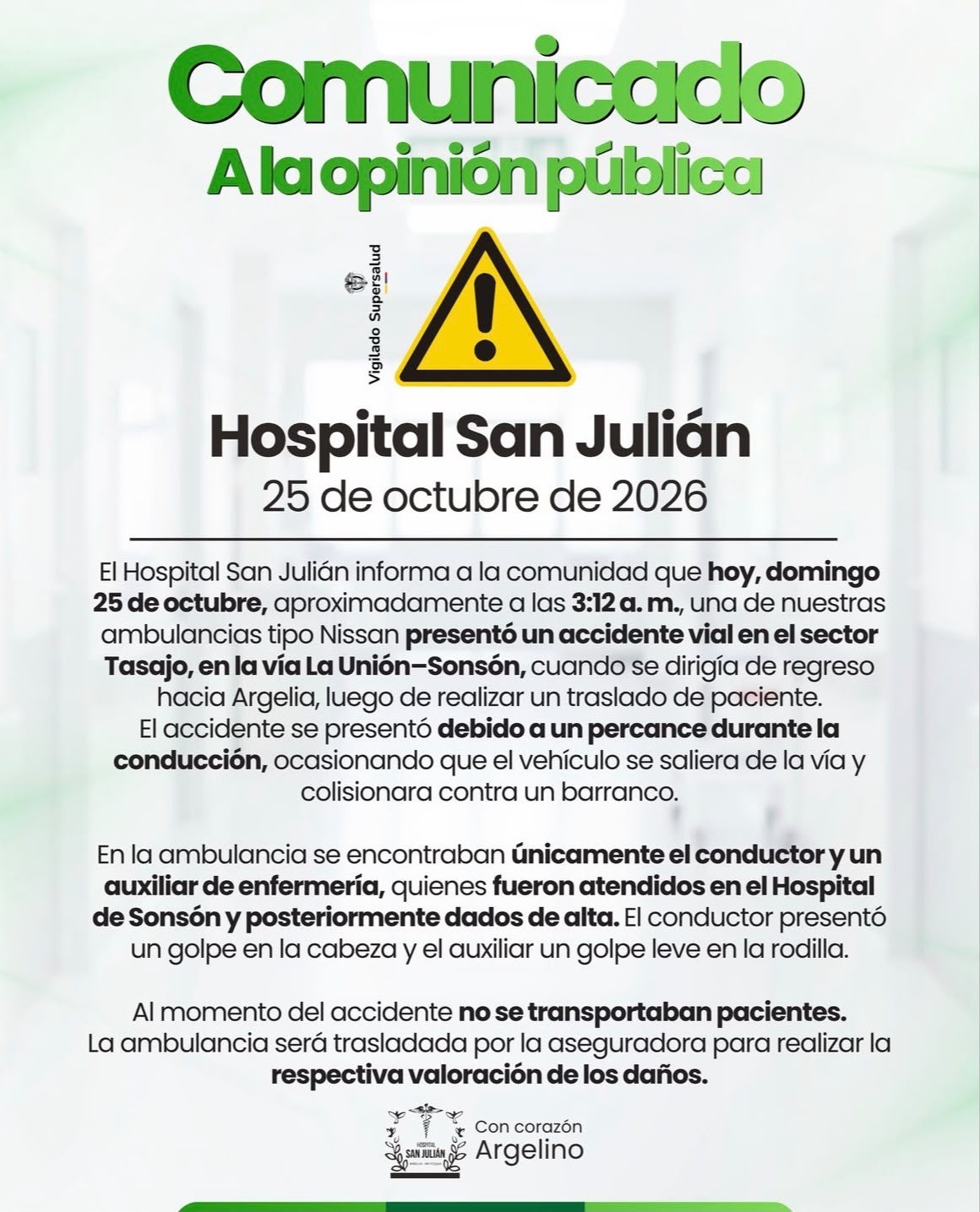 Ambulancia del Hospital de Argelia se salió de la vía y chocó contra un barranco en Sonsón 2 Comunicado del Hospital San Julián de Argelia sobre el accidente de la ambulancia
