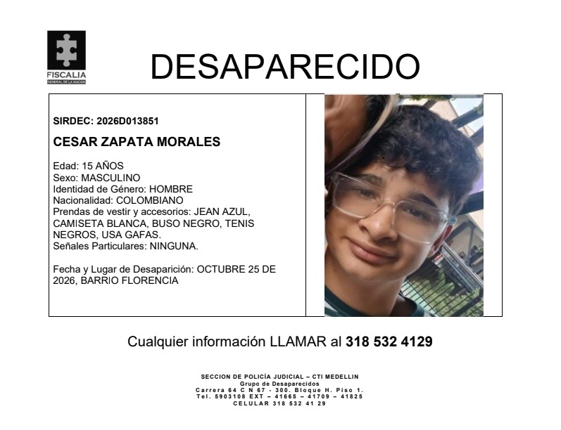 El menor Cesar Zapata Morales desapareció en Medellín 2 Ficha de desaparecido de Cesar Zapata Morales