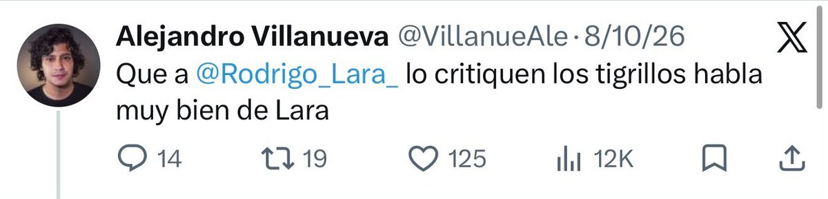 Contrato a socio de Villanueva abre preguntas sobre la salida de Rodrigo Lara 6 Captura del trino de Alejandro Villanueva del 8 de octubre sobre Rodrigo Lara y sus críticos.