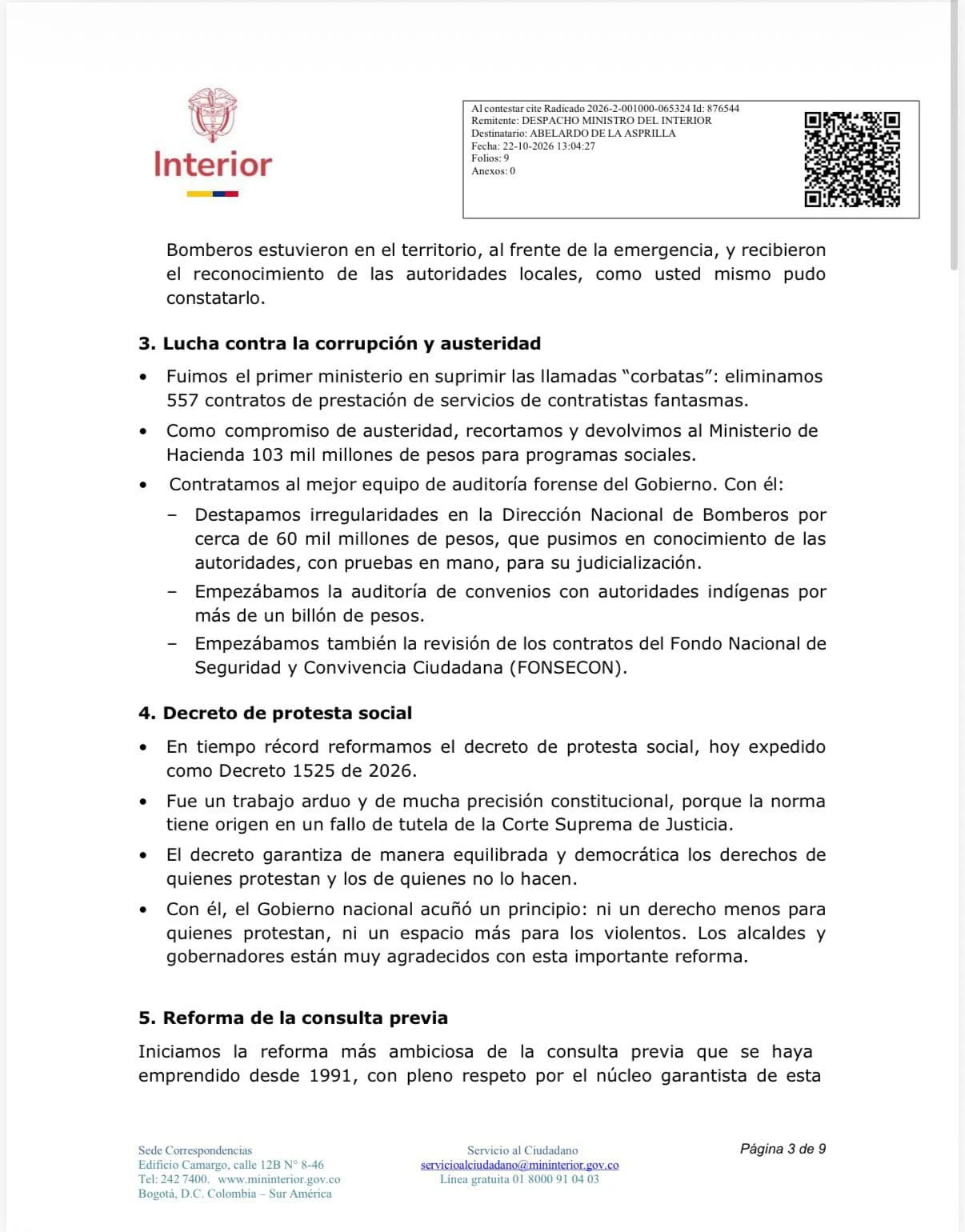 «Sé que usted ama profundamente a Colombia»: De la Espriella respondió a la renuncia de Rodrigo Lara 4 Carta de renuncia de Rodrigo Lara al Ministerio del Interior - página 3
