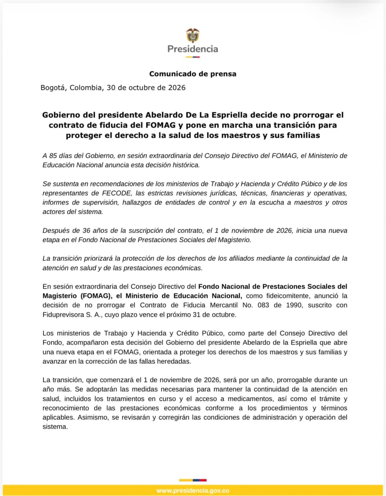 ¡Atención, maestros! Gobierno no prorrogará contrato de fiducia del Fomag y habrá transición de un año 2 Comunicado de Presidencia sobre el Fomag - página 1
