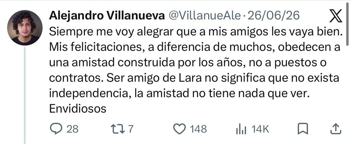 Contrato a socio de Villanueva abre preguntas sobre la salida de Rodrigo Lara 7 Captura del trino de Alejandro Villanueva sobre su amistad con Rodrigo Lara y la independencia.