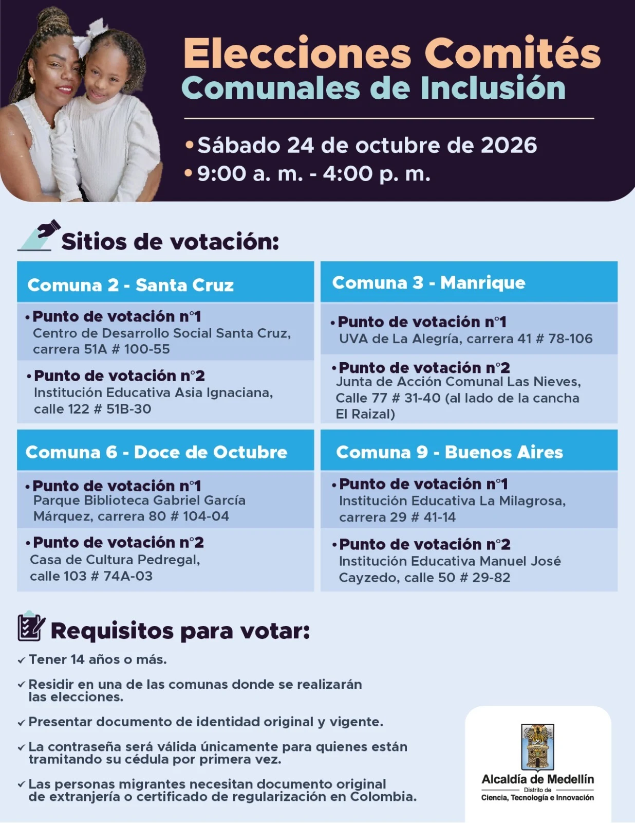 Cuatro comunas de Medellín elegirán a sus representantes en los Comités Comunales de Inclusión 4 Infografía de la Alcaldía de Medellín con los sitios de votación y requisitos para las elecciones de los Comités Comunales de Inclusión