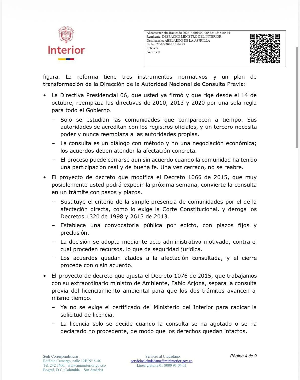 «Sé que usted ama profundamente a Colombia»: De la Espriella respondió a la renuncia de Rodrigo Lara 5 Carta de renuncia de Rodrigo Lara al Ministerio del Interior - página 4