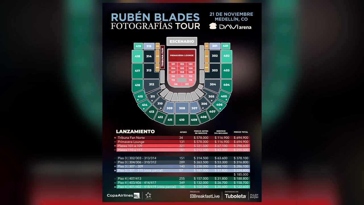 Rubén Blades en Medellín: así se vivirá la experiencia salsera en el DAVIarena 3 Plano de sectores y precios del concierto de Rubén Blades en el DAVIarena