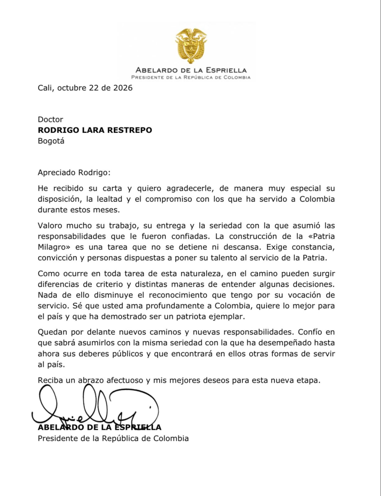 «Sé que usted ama profundamente a Colombia»: De la Espriella respondió a la renuncia de Rodrigo Lara 6 Carta de respuesta del presidente Abelardo de la Espriella a Rodrigo Lara