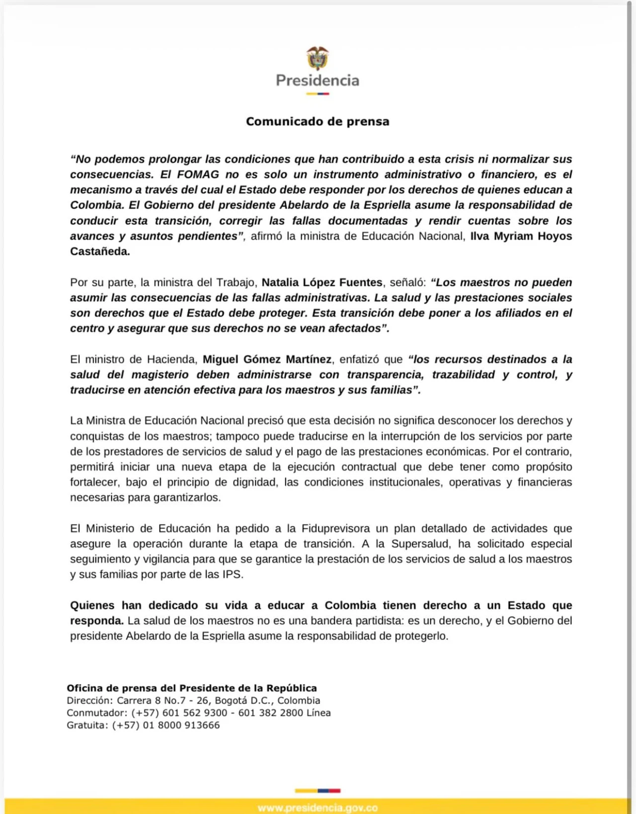 ¡Atención, maestros! Gobierno no prorrogará contrato de fiducia del Fomag y habrá transición de un año 3 Comunicado de Presidencia sobre el Fomag - página 2
