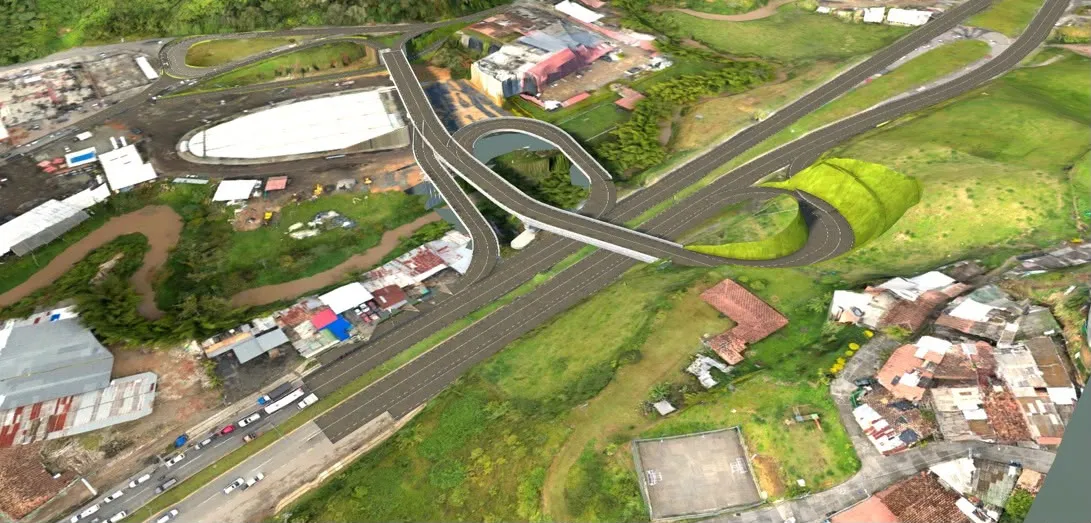 MinTransporte se comprometió a salvar $160.000 millones de excedentes de Devimed para el Oriente antioqueño 4 Vista aérea en render de un intercambio vial proyectado en el Oriente antioqueño
