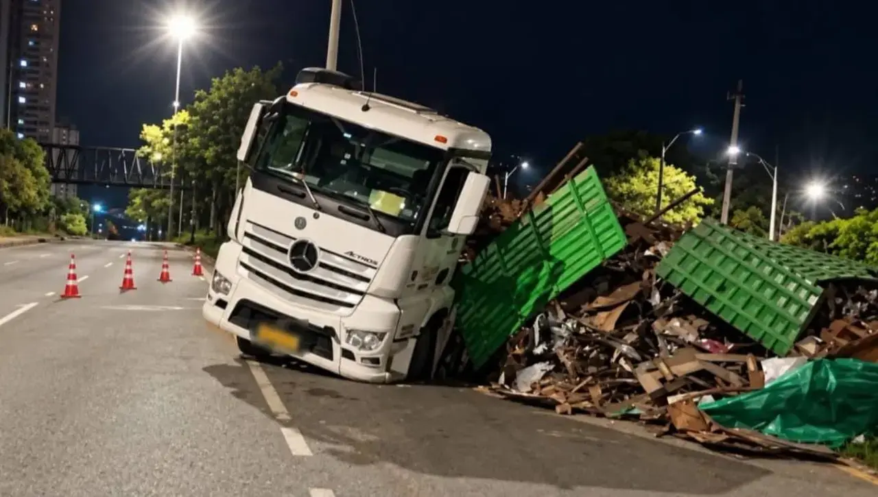 Monumental trancón en la Autopista Norte por volcamiento de camión a la altura del Batallón en Bello 2 Monumental trancón en la Autopista Norte por volcamiento de camión a la altura del Batallón en Bello