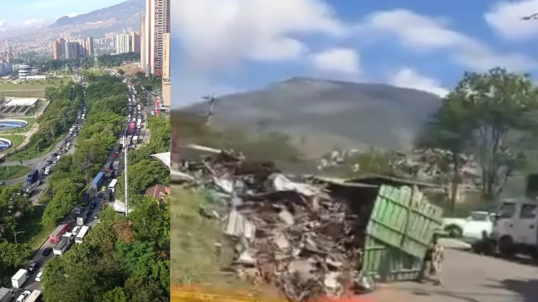 Monumental trancón en la Autopista Norte por volcamiento de camión a la altura del Batallón en Bello