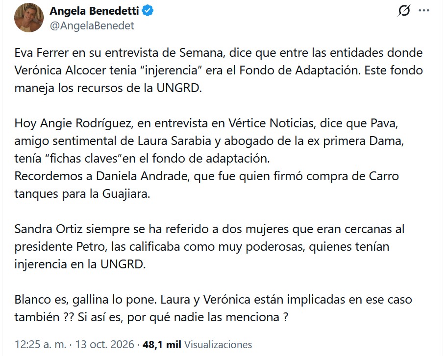 «Blanco es, gallina lo pone»: Ángela Benedetti cuestiona presunta injerencia de Verónica Alcocer y Laura Sarabia en el caso de la UNGRD 2 angela benedetti laura y alcocer