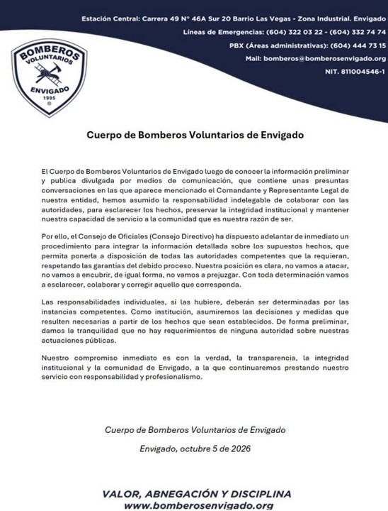 «No vamos a encubrir ni a prejuzgar»: Bomberos de Envigado se pronuncian por filtración de audios que involucran a su comandante 2 bomberos envigado comunicado