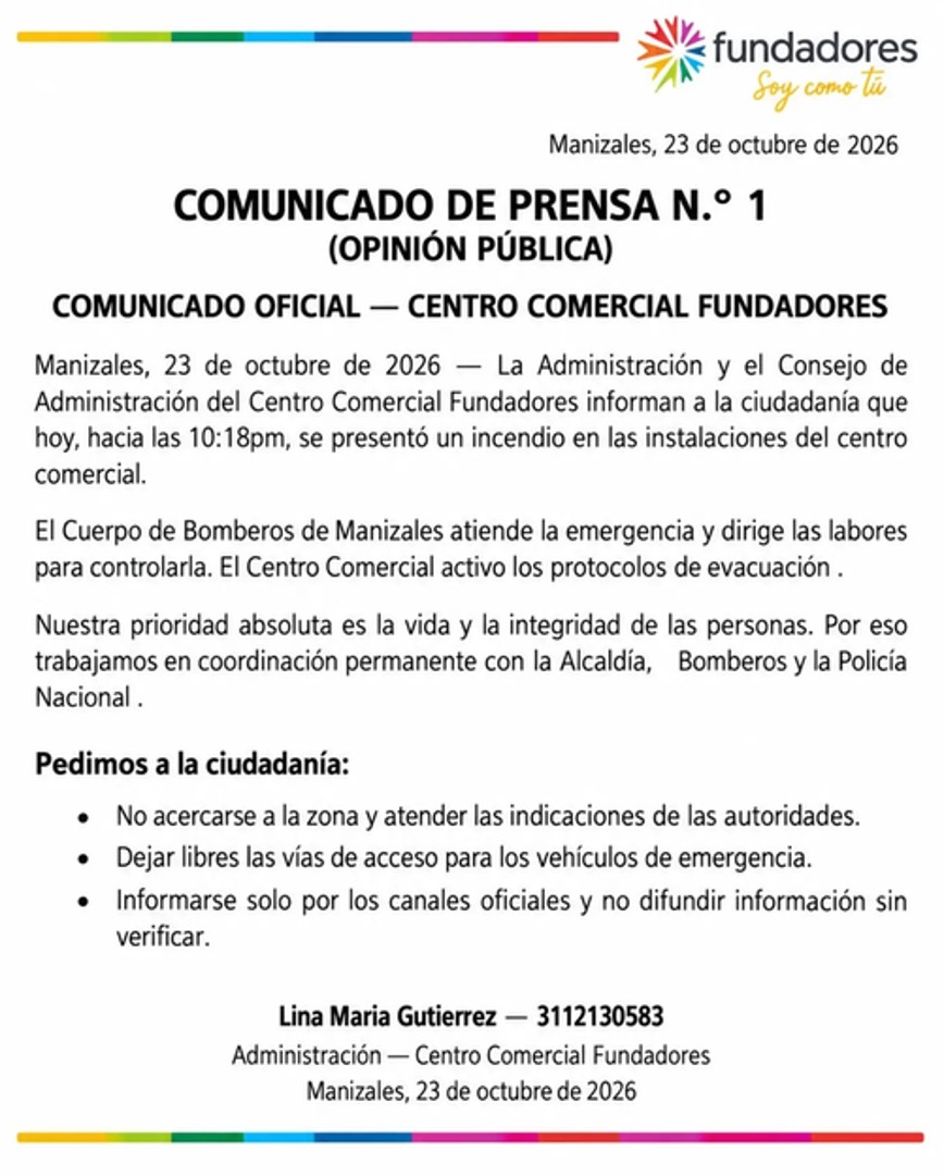 Incendio en el centro comercial Fundadores de Manizales: permanecerá cerrado temporalmente 1 Incendio en el centro comercial Fundadores de Manizales: permanecerá cerrado temporalmente