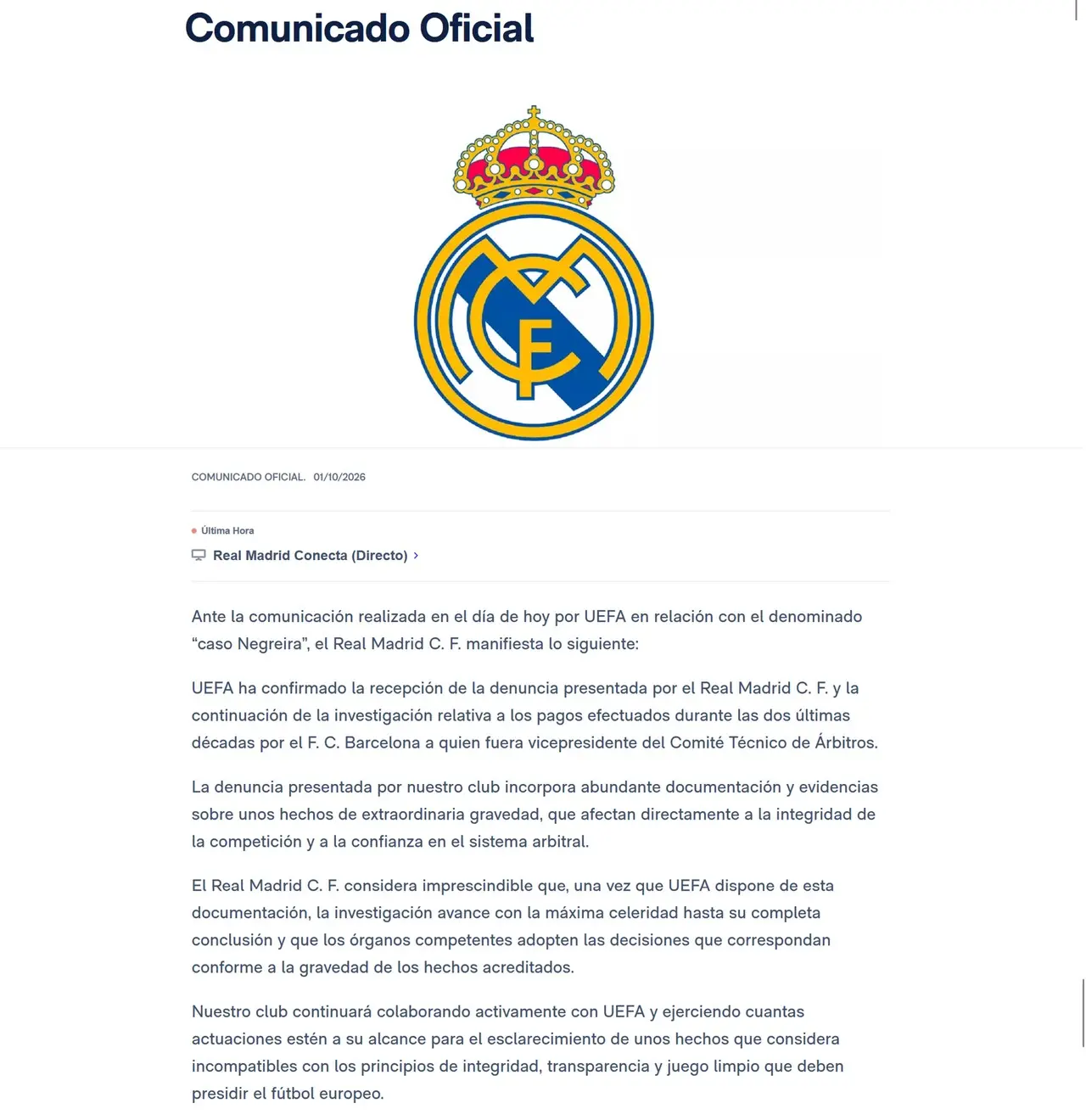 El Real Madrid presiona a la UEFA: exige «máxima celeridad» y consecuencias drásticas en el «Caso Negreira» 2 comunicado real madrid