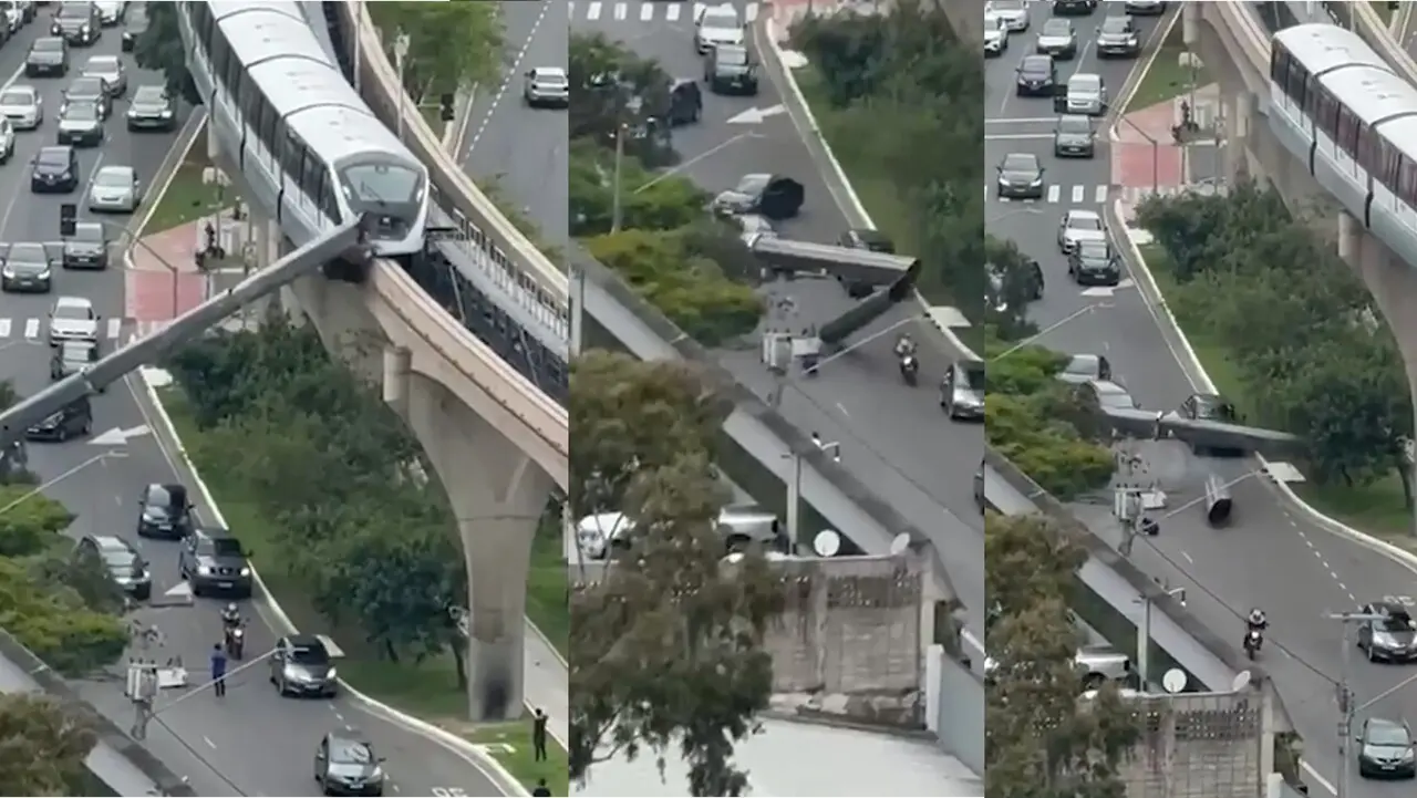 ¡Tenso momento en Brasil! Monorriel chocó contra una grúa que cayó sobre la vía en Sao Paulo 3 Secuencia del choque del monorriel contra la grúa caída en Sao Paulo