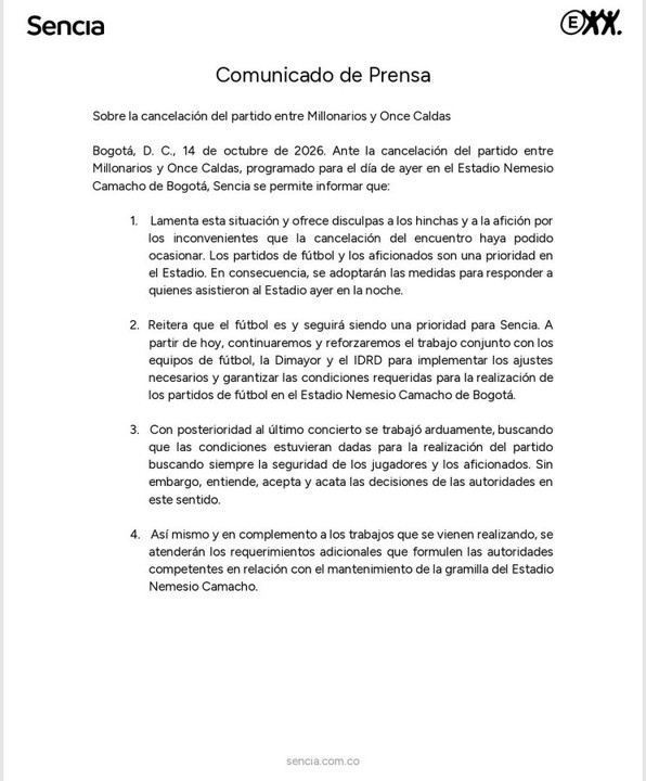 Tras dejar a miles plantados y con la cancha de El Campín en ruinas, Sencia rompe el silencio 2 Tras dejar a miles plantados y con la cancha de El Campín en ruinas, Sencia rompe el silencio
