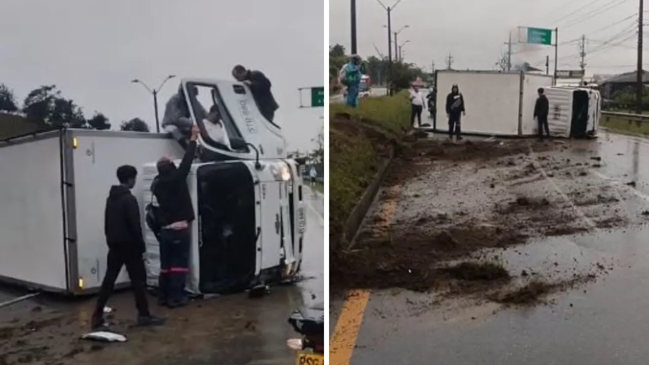 ¡Camión se volcó en la autopista Medellín-Bogotá! Accidente en El Santuario complica la movilidad